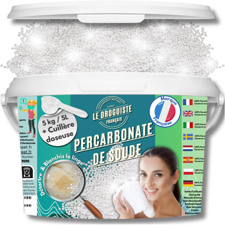 Percarbonate de Soude 5kg | Seau 5L refermable + Cuillère doseur | Nettoyant Écologique Multi-Usage - Blanchissant Linge,
